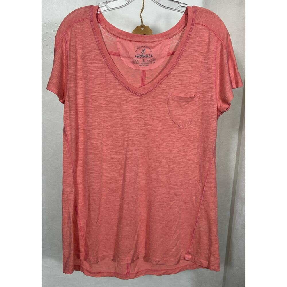 Gramicci Women's Hemp-Blend V-Neck Tee Shirt, Coral Pink, Size L